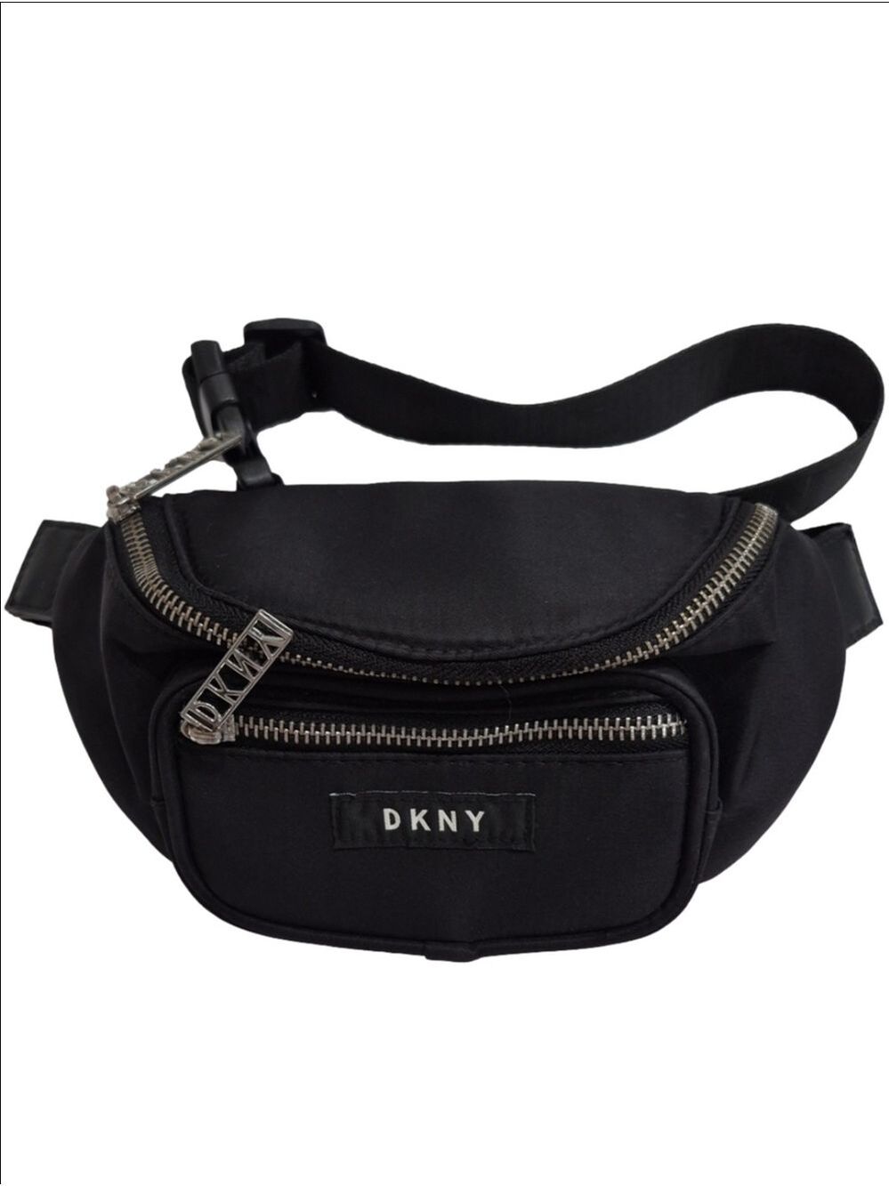 DKNY Black Nylon Waist Pouch Sling Bag - Built - In Card Slots  Silver Hardware